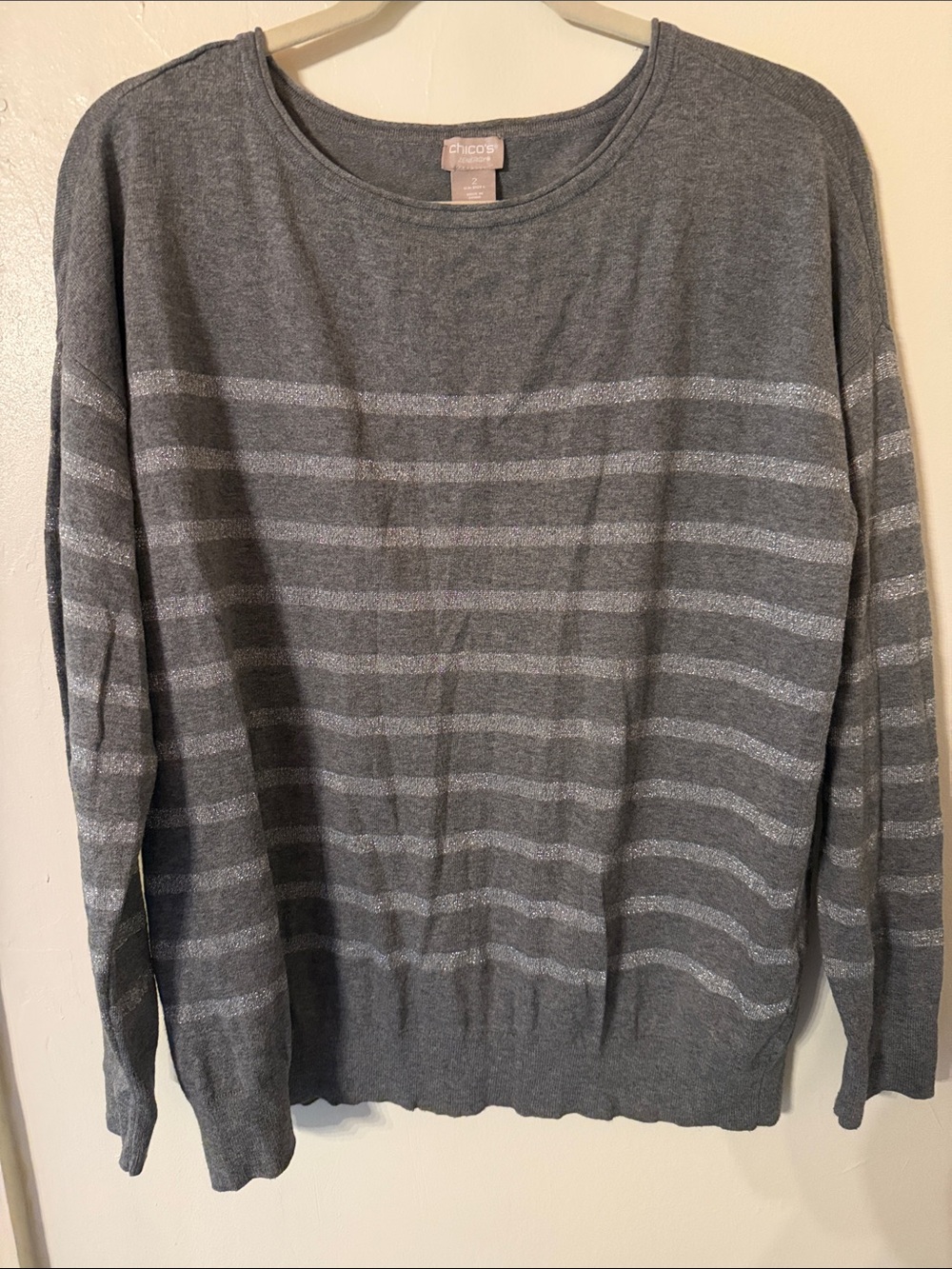 Chico's Men's Gray Striped Crewneck Sweater with Light Gray Bands